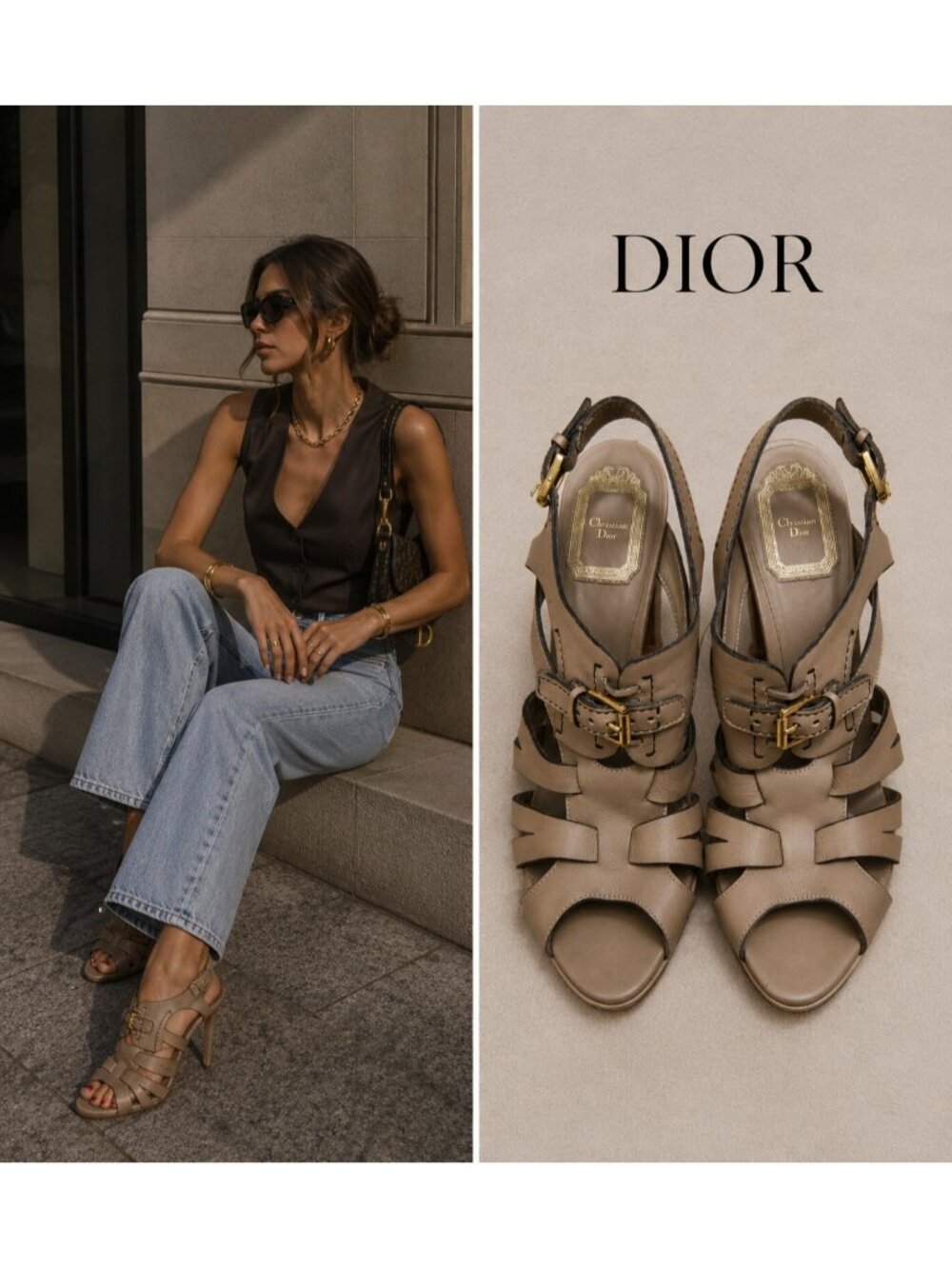 Christian Dior Beige Leather Strappy Platform Sandals Heels Slingback Italy 39.5